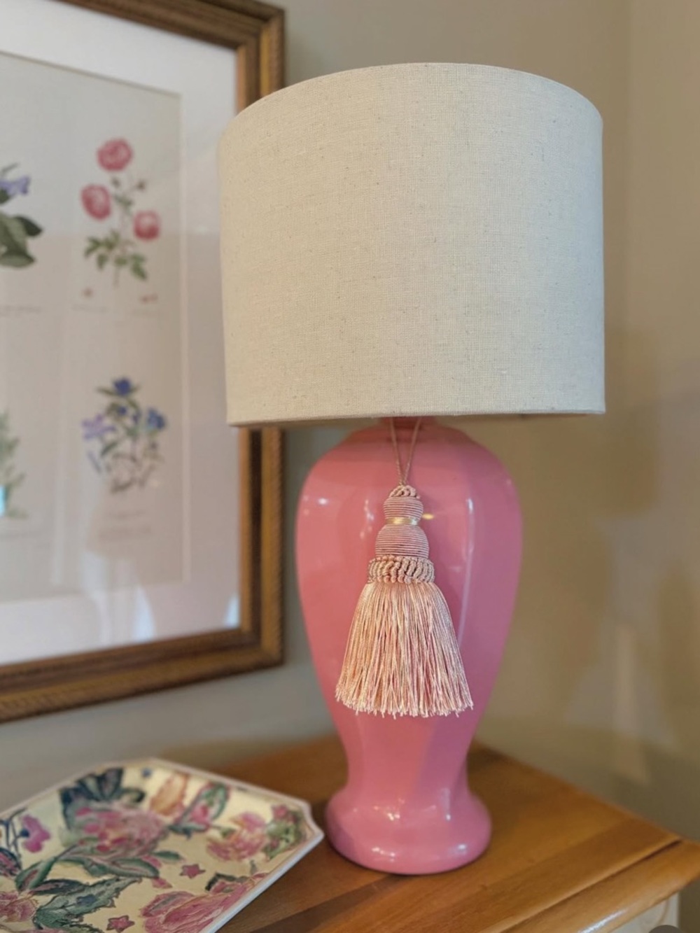 Vintage pink swirled lamp base and tassel